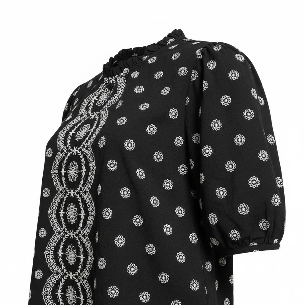 Loft Black and White Embroidered Eyelet Puff Sleeve High Neck Boho Top Size L